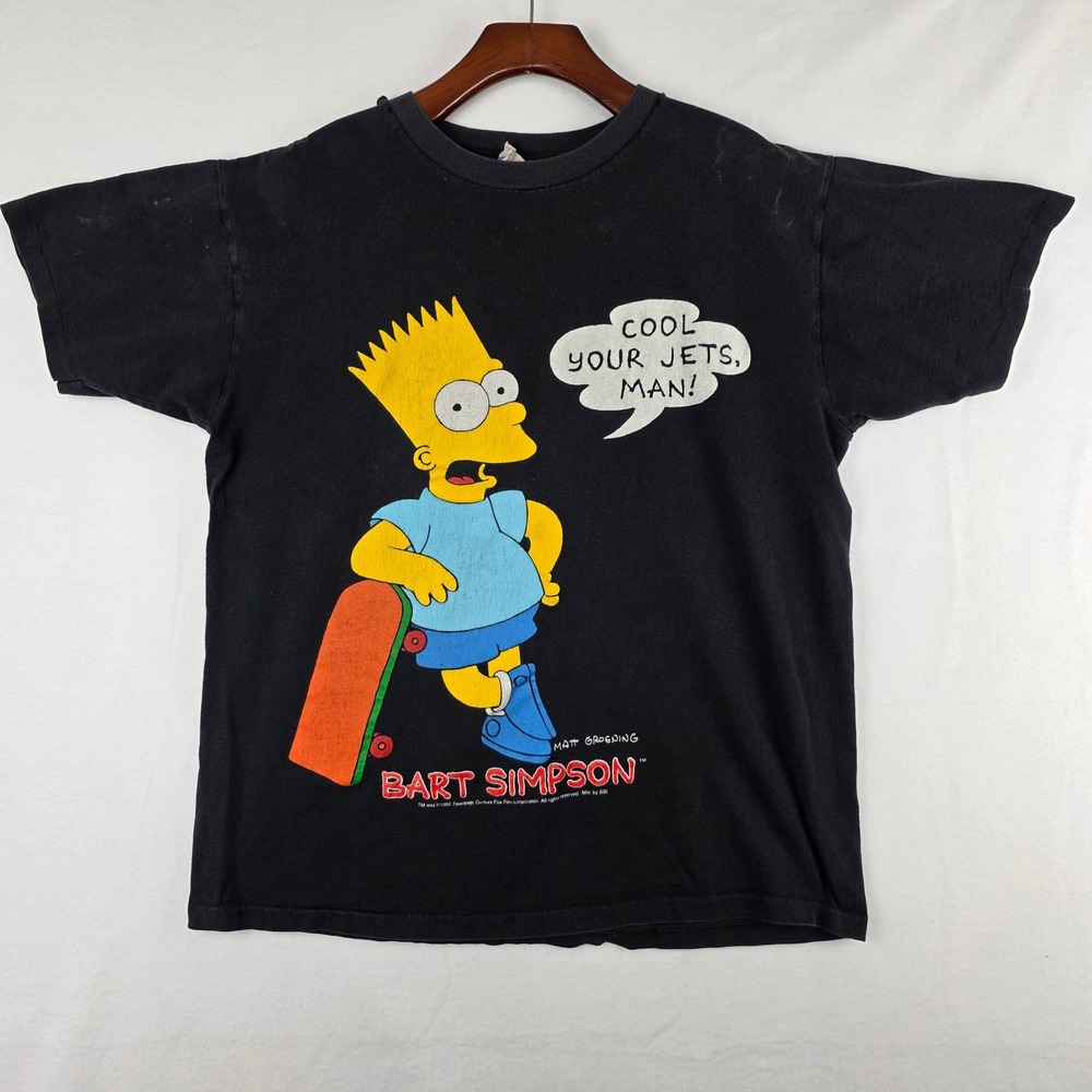 Vintage 1990 Bart Simpson T Shirt Royal First Class Cool Your Jets Man Black L